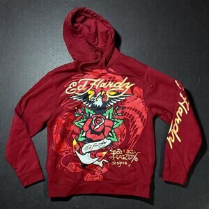 Ed by Ed Hardy Hoodie Mens Scarlet Burgundy GraphicPrint Eagle Rose Sweatshirt M